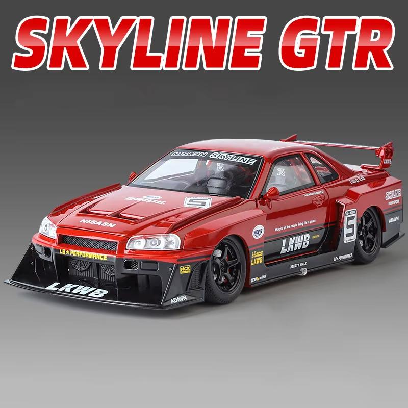 1:24 Полномасштабная модель автомобиля GTR R34 с четырьмя колесами, амортизирующим рулевым управлением, четырьмя дверями, литой под давлением, со звуком и светом, инерционная модель, игрушечный подарок для мальчика