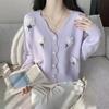 Casual V-neck Long Sleeve Knitted Cardigan Sweater Women Spring and Autumn Nail Beads Lazy Style 3D Flower Cardigan Coat Top