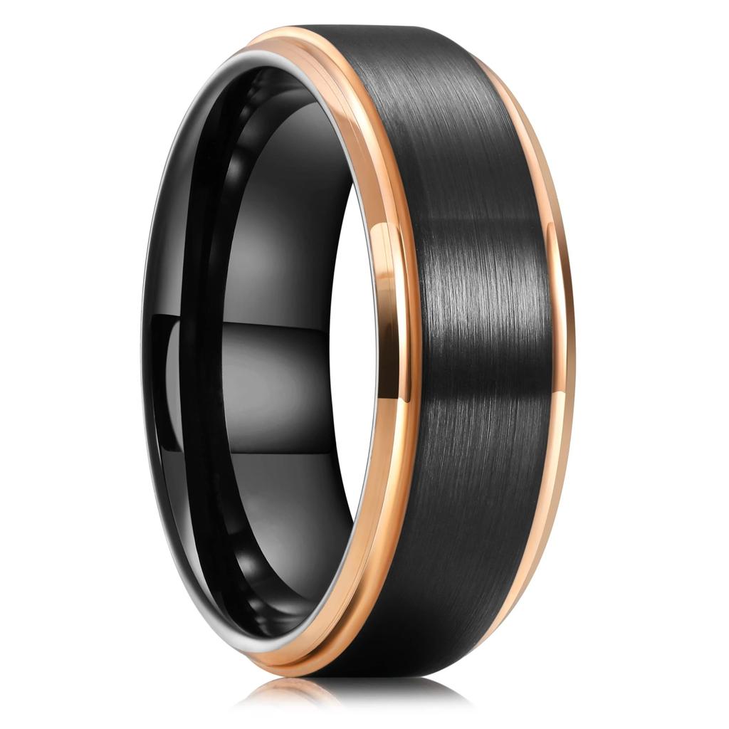 Fashion 8mm Black Brushed Titanium Stainless Steel Rings for Men Women Rose Gold Color Step Edge Men Rings Wedding Party Jewelry