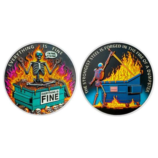 Монета-челлендж «Череп — Пламя из мусорного бака» Самая прочная сталь закаляется Монета «Пламя из мусорного бака» Смешная