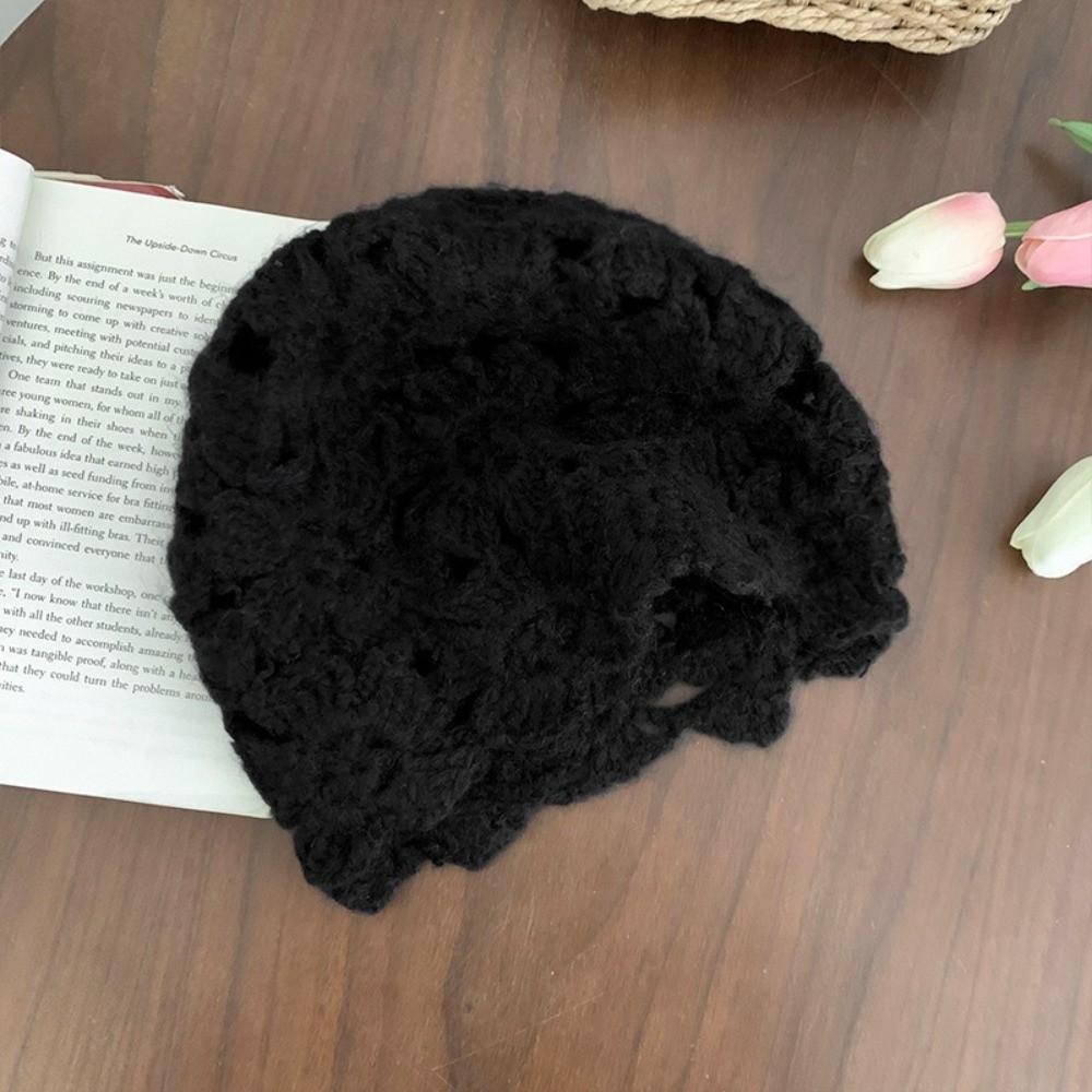 Solid Color Knitted Pullover Hat Hollow Beanies Cap Cute Crochet Flower Hat  Ladies