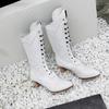 Spring White Brown Mid Calf High Boots for Women Lace up High Heel Small Big Size 33 45
