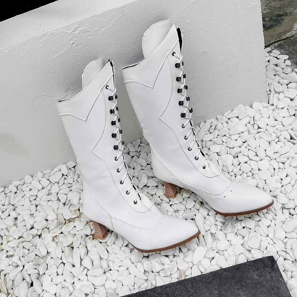 Spring White Brown Mid Calf High Boots for Women Lace up High Heel Small Big Size 33 45