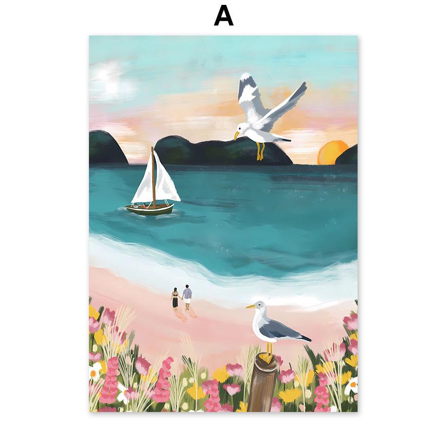 Бохо Абстрактная Девушка Озеро Птицы Лист Иллюстрация Настенное Искусство Холст Живопись Скандинавский Постер И Принты Картины Для Декора Гостиной