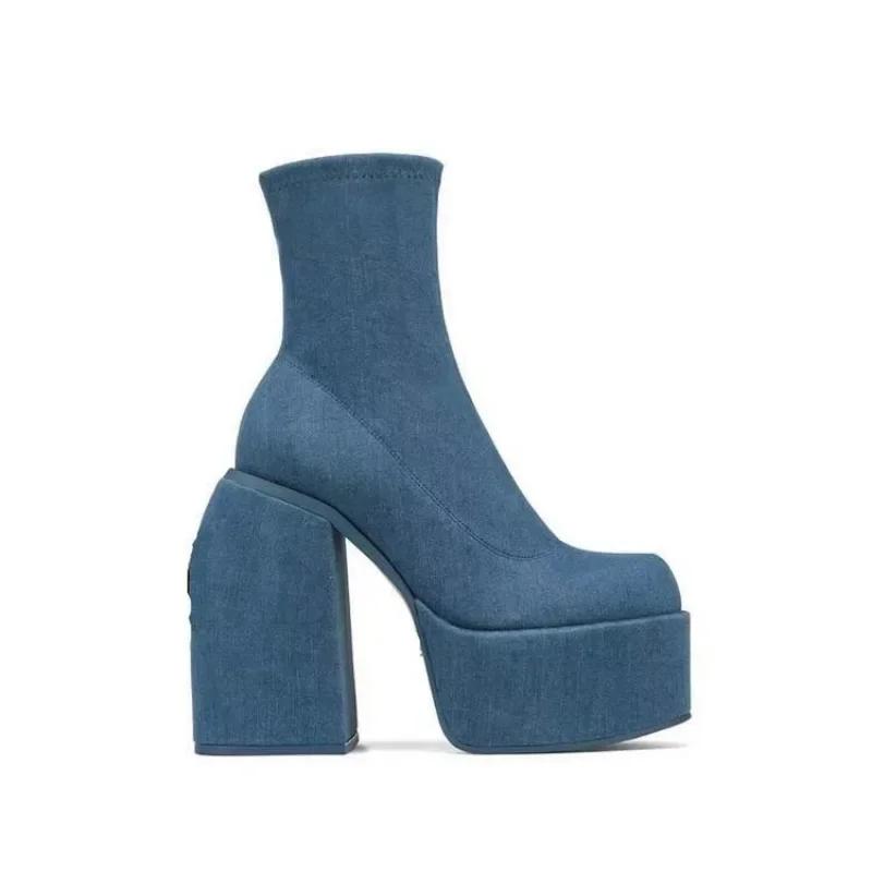 2024 2024able New European American Oversized Denim Short Boots Square Toe Waterproof Platform High Heels Thick Soled Women Boots