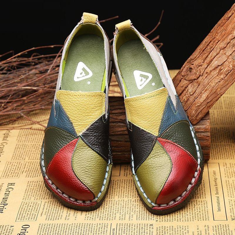 Designer Patches Ballet Flats For Women Luxury Vintage Shoes Big Size 42 Women's Genuine Leather Moccasins Mom Rainbow Loafers
