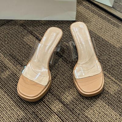 Прозрачные сандалии женские высокий каблук летние новые толстый каблук водонепроницаемая платформа универсальные с одним ремешком хрустальный каблук крутые шлепанцы