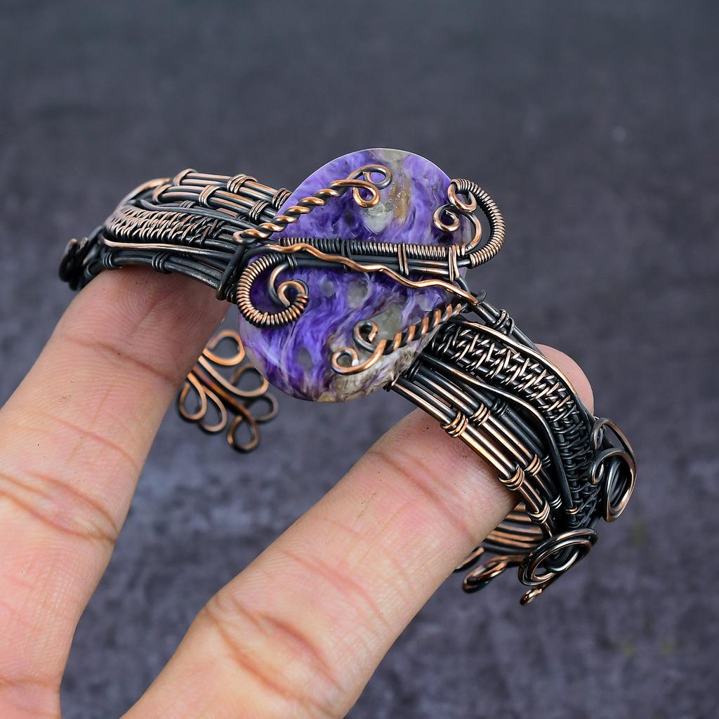 Русский драгоценный камень чароит ручной работы браслет-манжета из медной проволоки регулируемый L5f10