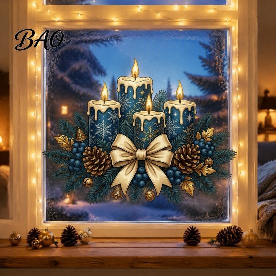 Warm Christmas Scene Decorations Candle Static Glass Stickers, Removable Window Cling with Bow Pinecone And Pine Seasonal Stickers Branch Pattern,