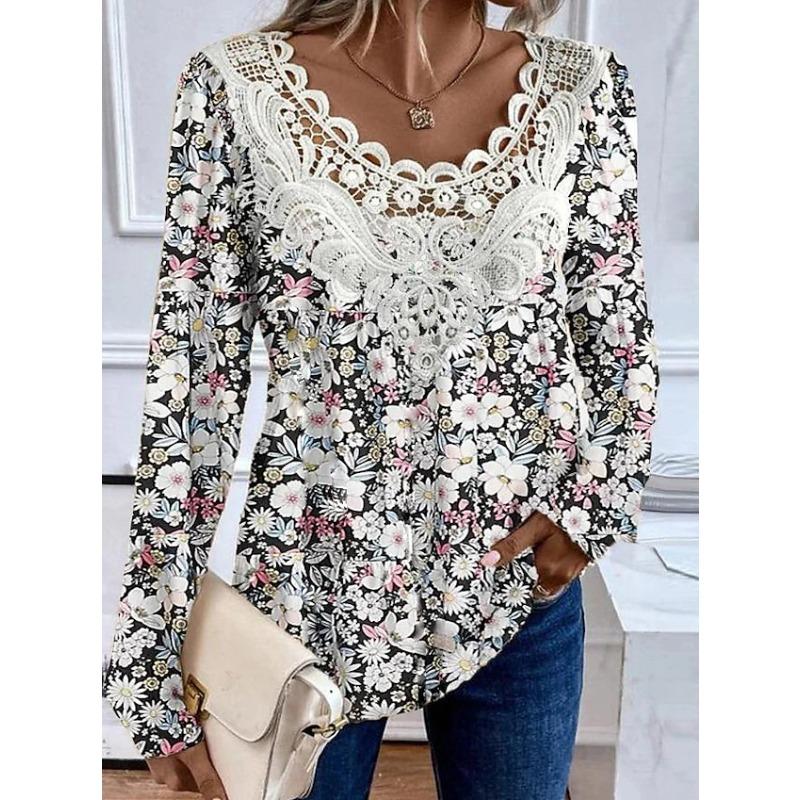Women's T-Shirts Casual Round Neck Long Sleeved Tops Autumn Pullover Printed Multi-color Women's T-shirt with Lace Stitching