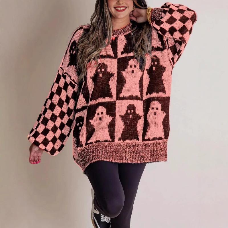 Осень-зима, длинные рукава, женские свитера, мода, большие размеры, Хэллоуин, свободный свитер с круглым вырезом, винтажный женский элегантный принт, повседневные джемперы 25367