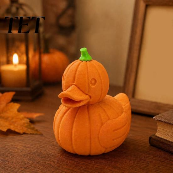 Orange Retro Home Accents Halloween Pumpkin Duck Figurine, 3D Printed Cute Fall Seasonal Room Decor Statue, Autumn Thanksgiving Desktop Ornament,