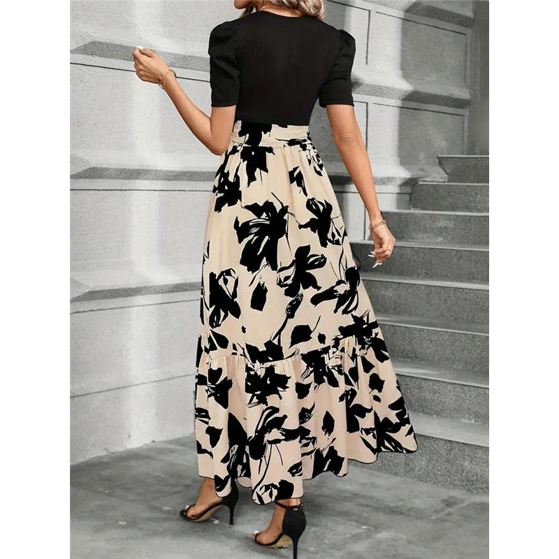 Floral Print Round Neck Dress, Exotic Holiday Style Elegant Dress