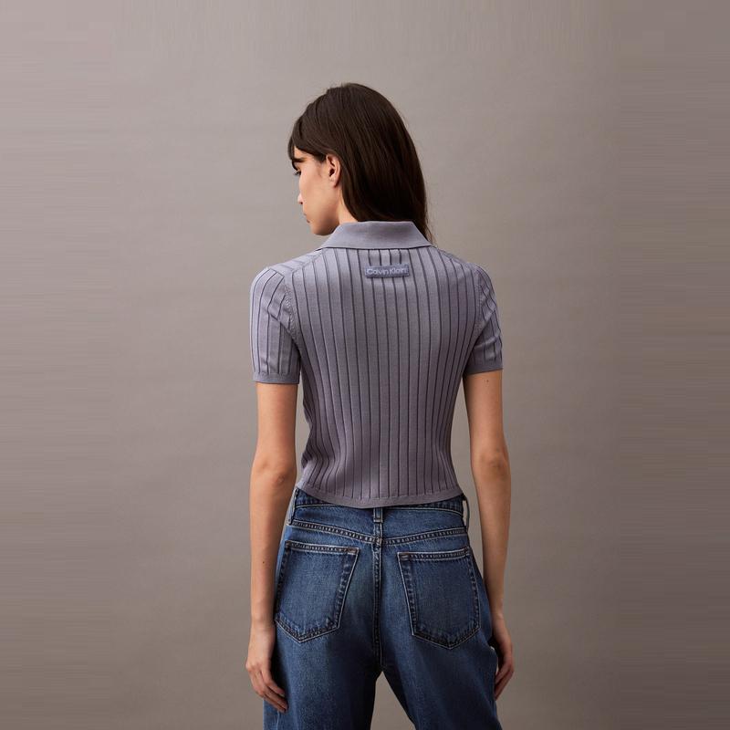 Calvin Klein Повседневный поло с полосатой текстурой, трикотажный топ с коротким рукавом, женские топы, темно-синий 47AB304-RLW