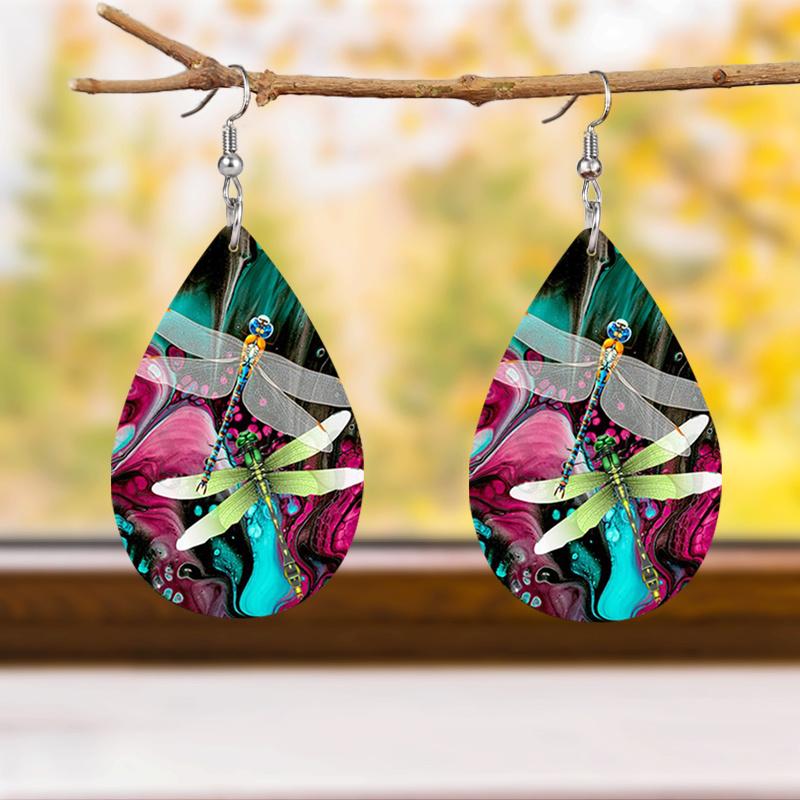 Starry Sky Flower Dragonfly Artificial Leather Earrings Spring Earrings Double-sided Printing Lightweight Earrings Teardrop Earrings
