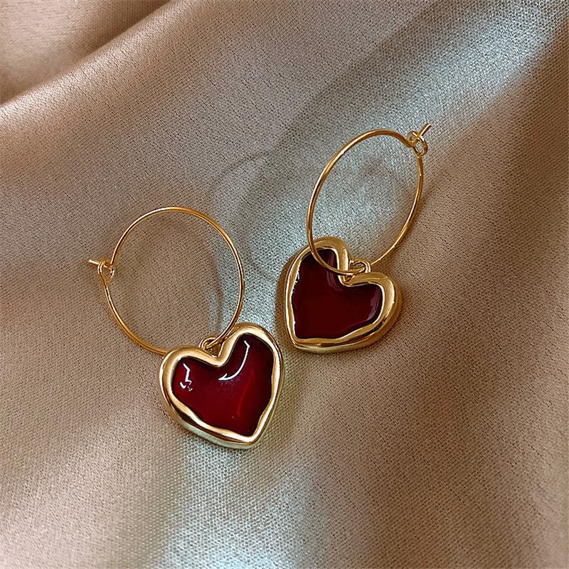 2024 Trendy Wine Red Heart Earrings - Elegant & Stylish Celebrity-Inspired Ear Jewelry from South Korea