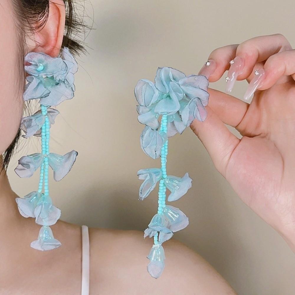 1 pair Bohemian Style Vacation Flower Eardrops with Beads Tassel Women Seaside Earrings Bride