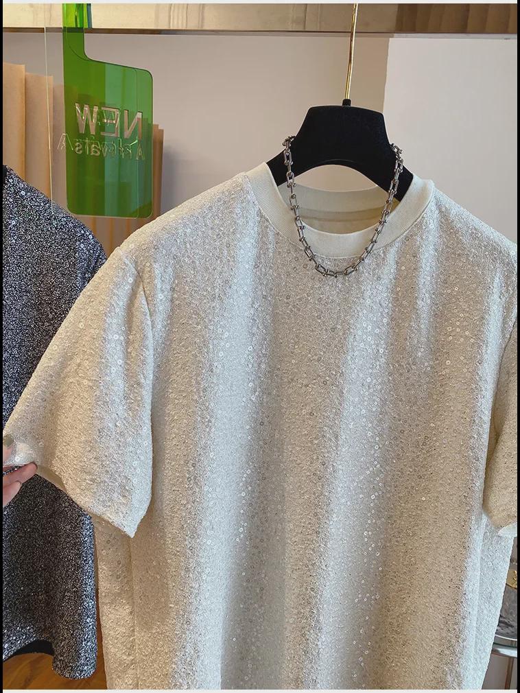 2024 Мужская шикарная шелковая футболка с пайетками - Европейский свободный крой с коротким рукавом