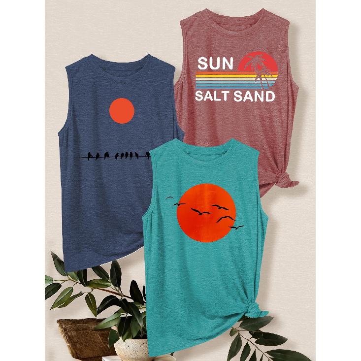 3Set of tank tops Vintage style SUN SALT SAND Loose-fitting casual vest with red sun and bird print T Shirt Breathable, comfortable, and soft fabric