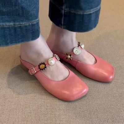 Версия из овчины~ диагональный квадратный носок, украшенный драгоценным камнем, пряжка-одно слово, тапочки с закрытым носком, женская летняя обувь, модные, милые, красивые женские тапочки