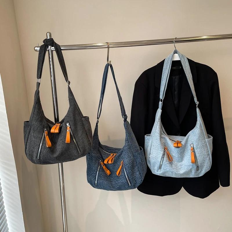 Сумка через плечо, джинсовая сумка, универсальная, простая, холщовая сумка, повседневная, большой вместимости, женская, диагональная, женская, сумка через плечо