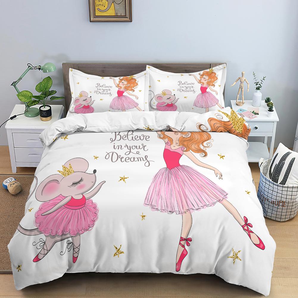 Ballet Dancer Girl Duvet Cover Set White Princess Bedding Set Cute Cartoon Bedclothes Queen King Size Polyester Comforter Cover