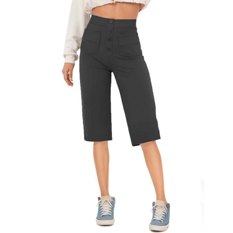 Модные женские повседневные прямые брюки с высокой талией и пуговицами, эластичные узкие шорты