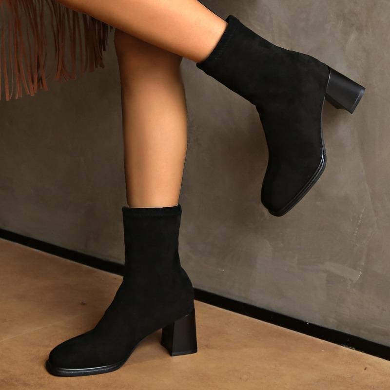 Модные женские модные одинарные ботинки на толстом каблуке, осенние, новые, с квадратным носком, с замшевыми рукавами, противоскользящие, износостойкие, короткие ботинки