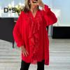 Women Shirt V-Neck Long Sleeve Ruffle Trim Chiffon Shirt Single Breasted Loose Fit Solid Color Shirt Regular Fit Casual Tops