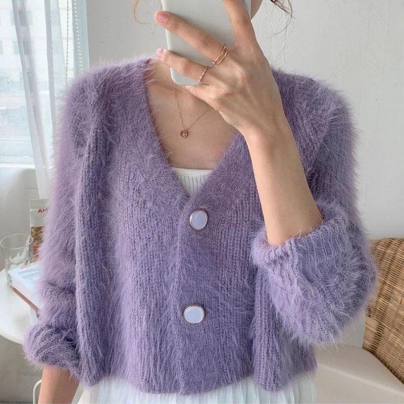 Autumn and Winter Imitation Mink Short Long Sleeve Sweater Women's Knitted Cardigan Coat