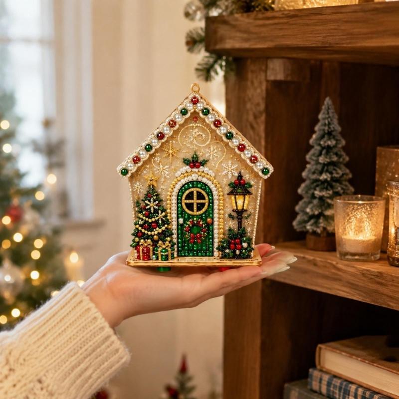 Christmas Art House Project, 1 Set with Raised Holiday Artwork and a Flat Base for Table, Cabinet, or Window Display