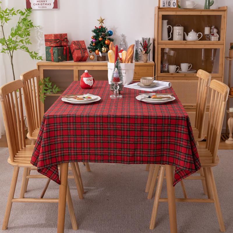 25 Custom-Dyed Polyester-Cotton Festive Christmas Red Grid Gold Silk Decorative Fringed Coffee Table Tablecloth Dining Table Cloth