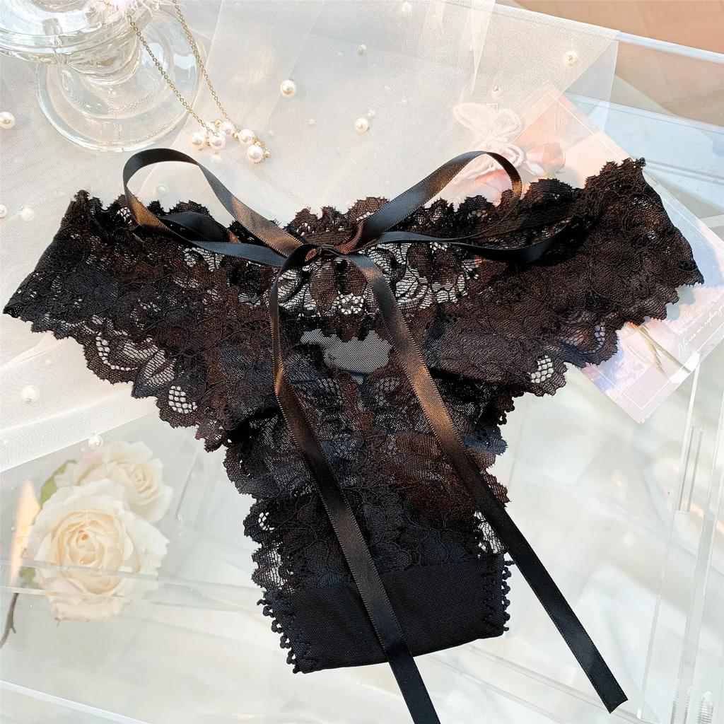 Women's Sexy Low-Waist Lace Underwear Ribbon Strap Lace Bow White Hollow Out Briefs Thin Cotton Crotch Summer Underpants