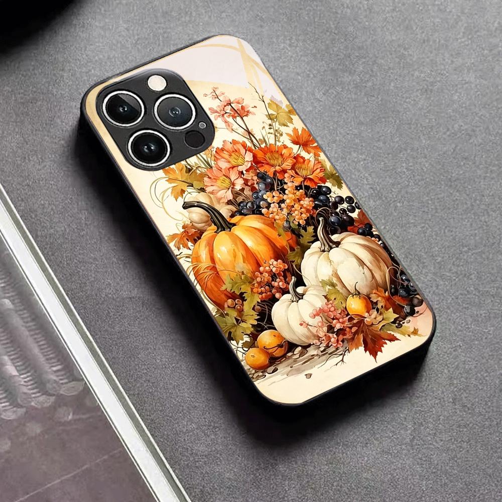 Autumn Pumpkin Black Glass Phone Case For iPhone 17 16 15 14 13 12 11 Pro Max Plus Soft Silicone Bumper Anti‑Knock Back Cover