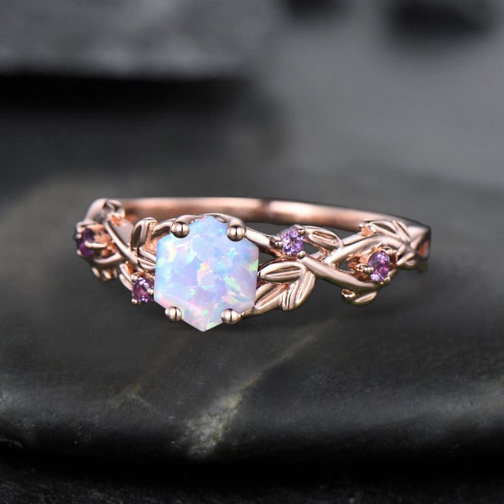 Twig Opal Ring Vintage Hexagon Cut White Opal Engagement Ring White Gold Leaf Amethyst Ring Women October Birthstone Ring Anniversary Gifts