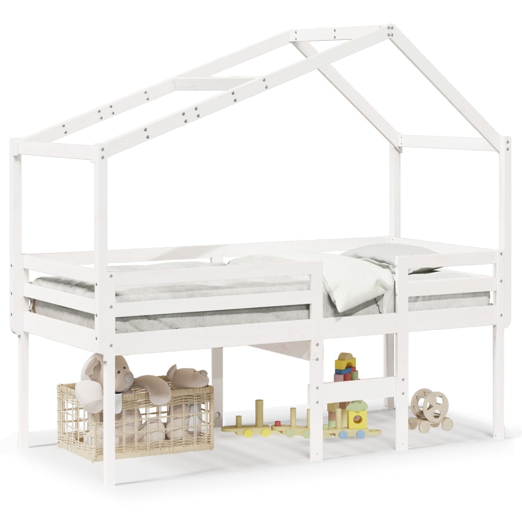 High Bed with Roof White 90x200 cm Solid Pine Wood