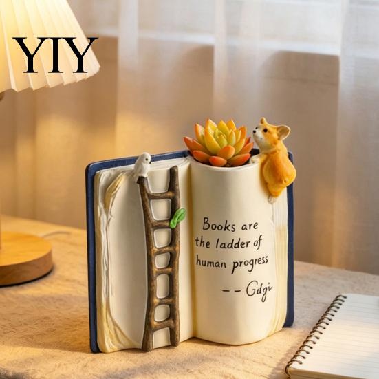 Artistic Reading Lover Gift Book Shaped Flower Pot, Creative Planter with Ladder Puppy And Bird Design for Versatile Balcony Decoration Succulents