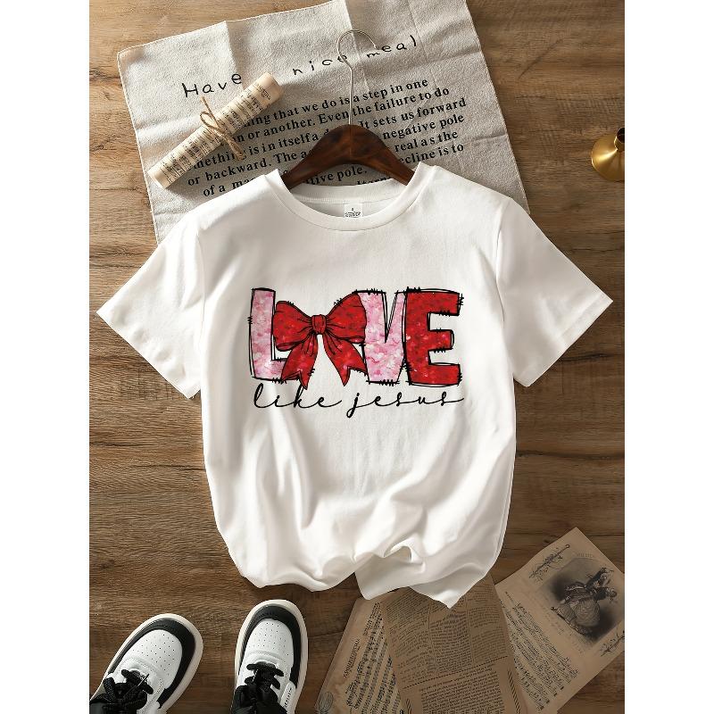 European Size Women's Romantic 'Love' Bow & Letter Print Semi-Sheer T-Shirt - Pink Round Neck Short Sleeve Blouse with XOXO & I LOVE YOU KNOT Design