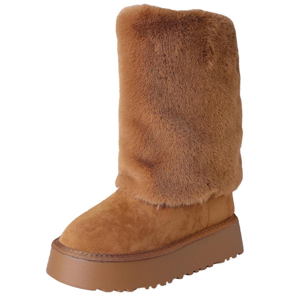 Модные женские сапоги в корейском стиле с мехом 2024 года, новые зимние плюшевые теплые женские сапоги до середины икры, повседневные зимние сапоги на платформе для отдыха на открытом воздухе