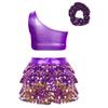 Girls One Shoulder Shiny Sequins Tiered Ruffles Crop Top Skirted Shorts Culottes Hair Tie Dance Outfit