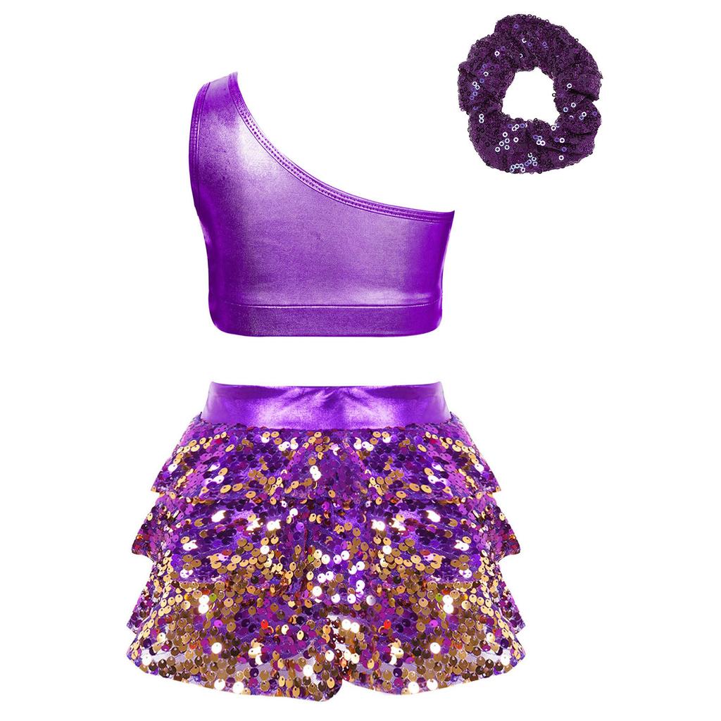 Girls One Shoulder Shiny Sequins Tiered Ruffles Crop Top Skirted Shorts Culottes Hair Tie Dance Outfit