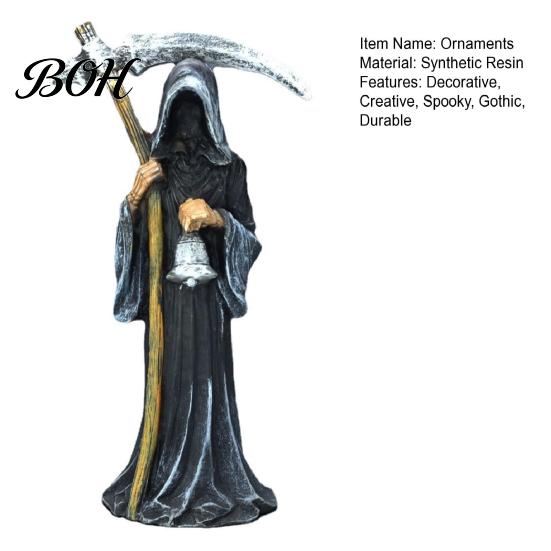 Gothic Seasonal Decor Grim Reaper Statue, Resin Hooded Figurine, Spooky Tabletop Ornament Table Decoration with Sickle And Bell Design for Home Office