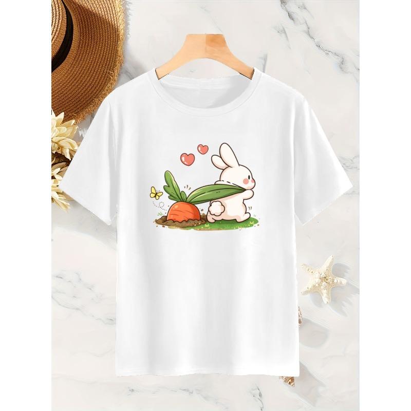 Women Rabbit Pulling Radish Print T-Shirt Round Neck Short Sleeve Spring Summer Autumn Casual Stylish Comfortable Machine-Washable Top