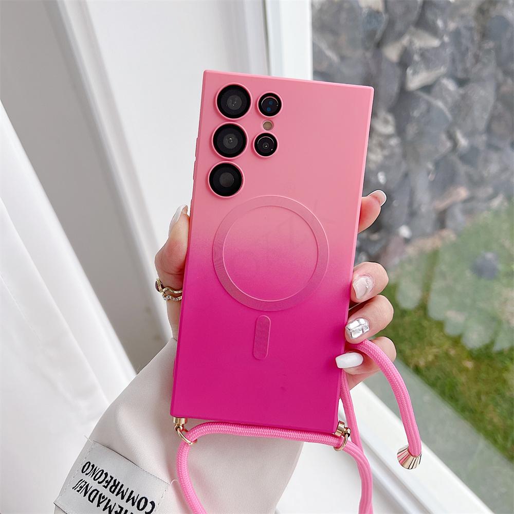 Ремешок через плечо, чехол Magsafe для Samsung S24 S23 S22 Ultra/iphone 15 14 13 12 11 Pro Max, градиентный матовый силиконовый чехол с беспроводной зарядкой, задняя крышка