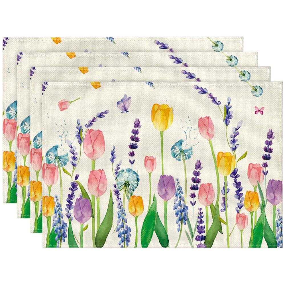 Lavender Tulip Spring Placemats for Dining Table, 30x45cm Summer Seasonal Holiday Decoration Rustic Vintage Washable Table Mats