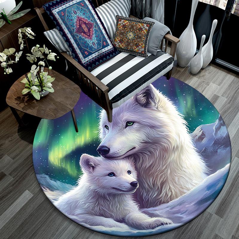 White Wolves Round Area Rug,Carpet Rug for Living Room Bedroom Sofa Playroom Decor,Non-slip Floor Mat