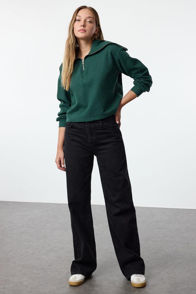 Women's Fashionable Stylish Sweatshirt Emerald Green Thessaloniki Knitwear Look Polo Neck Zippered Regular Knitted Sweatshirt