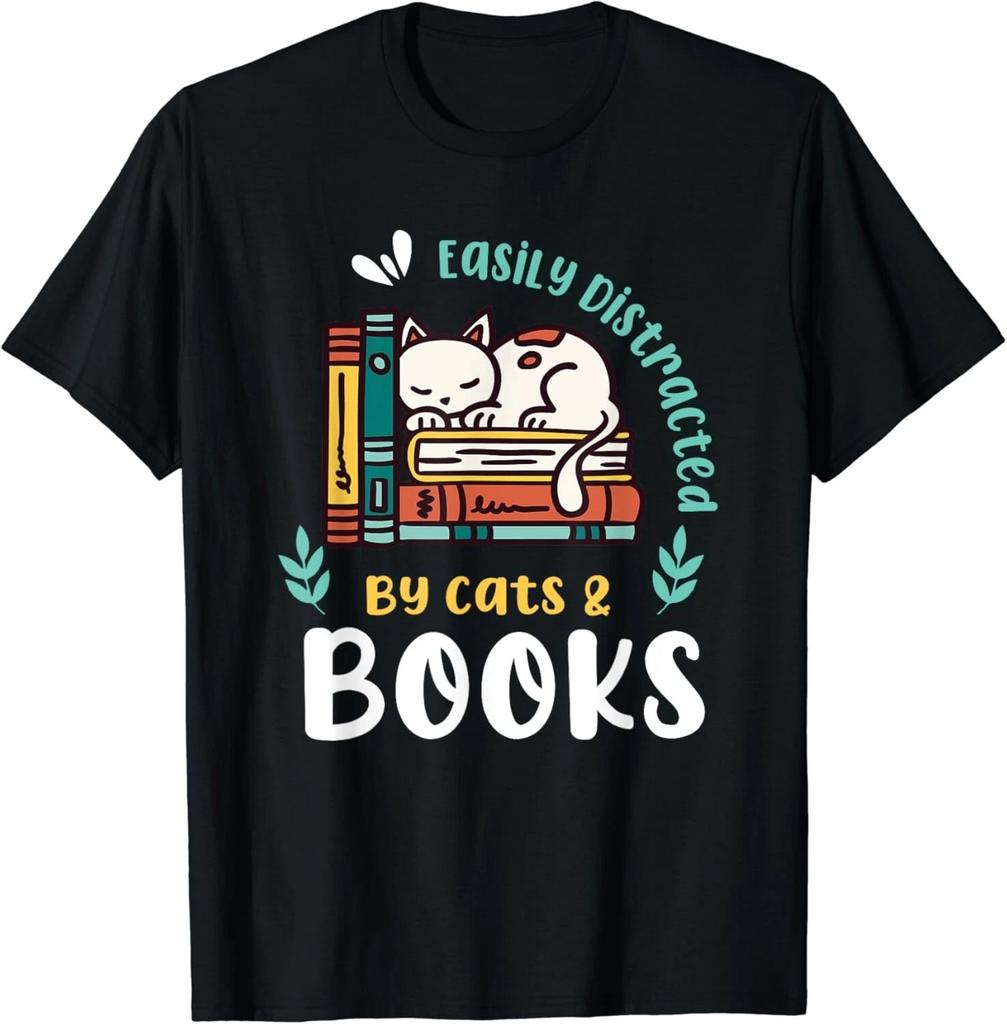 Цитата о книгах _ Легко отвлекаюсь на кошек и книги Футболка Подарок Унисекс Футболка
