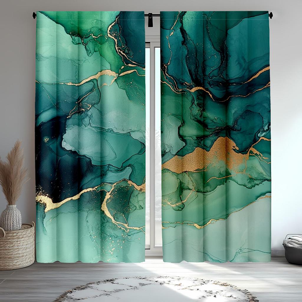 2pc Green jade marble print pattern curtains, polyester fabric machine washable, suitable for bedroom and living room decoration