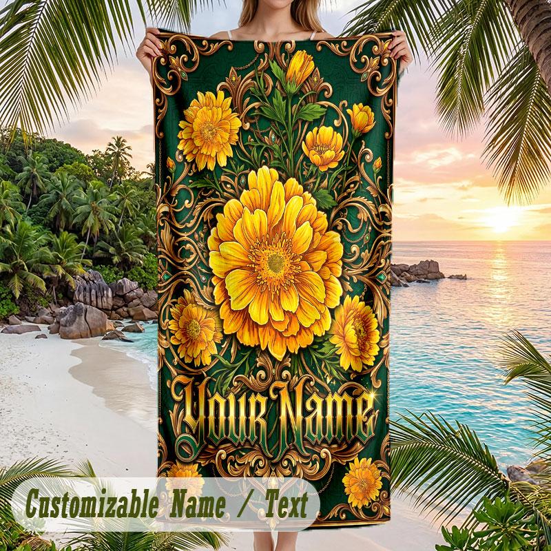 Golden Floral Elegance 2 Theme Quick Dry Beach Towel Custom Name Text Print Large Sand Resistant Towel Beach Vacation
